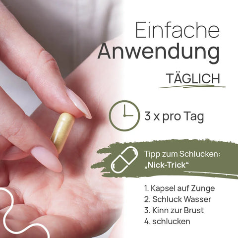 Pro Mucosa is easy to use: 3 times a day; hold one capsule between your fingers. A tip for swallowing, the “nod trick”: 1. Place the capsule on your tongue, 2. Take a sip of water, 3. Tuck your chin toward your chest, 4. Swallow