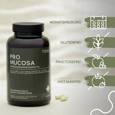 Pro Mucosa bottle containing several capsules; features: monthly supply, gluten-free, fructose-free, histamine-free