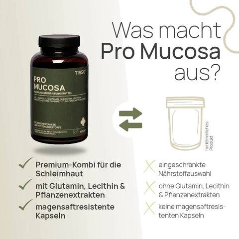 What sets Pro Mucosa apart? A premium combination for the mucous membranes, with glutamine, lecithin, and plant extracts, in enteric-coated capsules – conventional product: limited selection of nutrients, without glutamine, lecithin, or plant extracts, no enteric-coated capsules