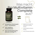 What sets Pro Multivitamin Complete apart? A complete spectrum of vitamins—highly concentrated, including bioactive forms of vitamins, plus carotenoids and polyphenols (VitAlign™)—versus a conventional product: a limited selection of vitamins in low doses, without bioactive forms of vitamins or plant nutrients.