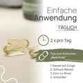 Pro Omega 3 Fischöl Kapseln are easy to take: 2 capsules per day; golden-yellow softgels. Tip for swallowing: the “nod trick”: 1. Place the capsule on your tongue, 2. Take a sip of water, 3. Tuck your chin toward your chest, 4. Swallow