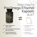 What sets Pro Omega 3 Fischöl Kapseln apart? High levels of DHA and EPA, no fishy taste, no burping, no refrigeration required, and ideal for on the go—conventional product: low levels of DHA and EPA, fishy taste and burping, perishable, and not suitable for travel