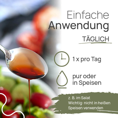 Einfache Anwendung von Pro Omega Ultra: 1 × pro Tag, pur oder in Speisen, zum Beispiel im Salat; wichtig: nicht in heißen Speisen verwenden. Öl tropft von einem Löffel über einen Salat