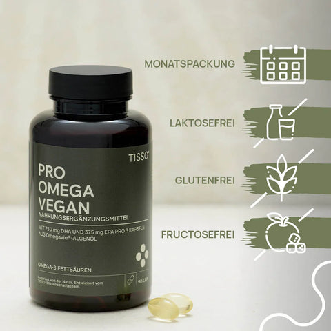 Pro Omega Vegan, a bottle containing two softgels; features: monthly supply, lactose-free, gluten-free, fructose-free