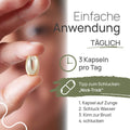 Einfache Anwendung von Pro Omega Vegan: 3 Kapseln pro Tag; Finger halten eine Weichkapsel. Tipp zum Schlucken, der „Nick-Trick“: 1. Kapsel auf die Zunge, 2. Schluck Wasser, 3. Kinn zur Brust, 4. schlucken