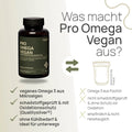 Was macht Pro Omega Vegan aus? Veganes Omega 3 aus Mikroalgen, schadstoffgeprüft und mit Oxidationsschutz (Qualitysilver®), ohne Kühlbedarf und ideal für unterwegs – herkömmliches Produkt: Omega 3 aus Fischöl, nicht schadstoffgeprüft und ohne Schutz vor Oxidation, empfindlich und nicht reisetauglich