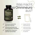 What makes Pro Omnineuro special? Premium combination for the nervous system and mental health, plant extracts such as ashwagandha and broccoli, bioactive B vitamins—optimally bioavailable—conventional product: limited nutrient combination, no special plant extracts, non-bioactive B vitamins