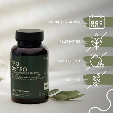 Pro Osteo can next to an olive branch; features: monthly supply, gluten-free, fructose-free, yeast-free