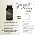 What makes Pro Osteo unique? An innovative combination for bone health, featuring Osteum™, Vitamin D3 and K2 for optimized calcium utilization, and olive leaf extract—for bone formation and antioxidant benefits—conventional product: no innovative combination for bone health, lacking nutrients for calcium utilization, and no plant extracts for bone formation