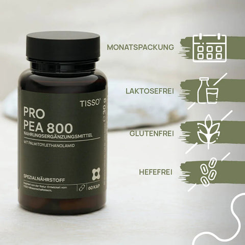 Pro PEA 800 bottle; Features: Monthly supply, lactose-free, gluten-free, yeast-free