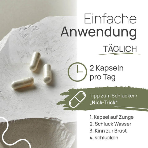 Einfache Anwendung von Pro PEA 800: 2 Kapseln pro Tag. Tipp zum Schlucken, der „Nick-Trick“: 1. Kapsel auf die Zunge, 2. Schluck Wasser, 3. Kinn zur Brust, 4. schlucken