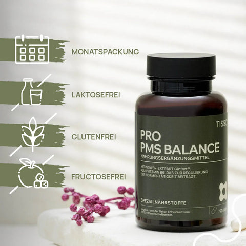 Pro PMS Balance can next to a flower branch; features: monthly supply, lactose-free, gluten-free, fructose-free