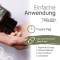 Einfache Anwendung von Pro Phytobiose: 1 × pro Tag; Kapseln werden aus der Dose in die Hand geschüttet. Tipp zum Schlucken, der „Nick-Trick“: 1. Kapsel auf die Zunge, 2. Schluck Wasser, 3. Kinn zur Brust, 4. schlucken