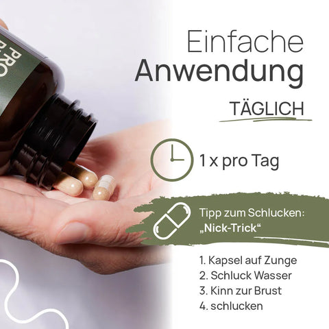 Einfache Anwendung von Pro Phytobiose: 1 × pro Tag; Kapseln werden aus der Dose in die Hand geschüttet. Tipp zum Schlucken, der „Nick-Trick“: 1. Kapsel auf die Zunge, 2. Schluck Wasser, 3. Kinn zur Brust, 4. schlucken