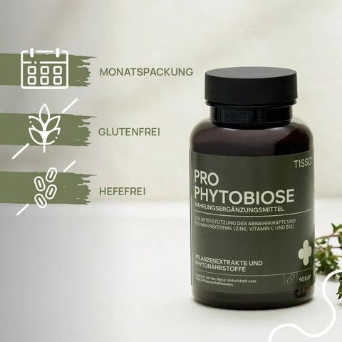 Dose Pro Phytobiose neben einem Kräuterzweig; Merkmale: Monatspackung, glutenfrei, hefefrei
