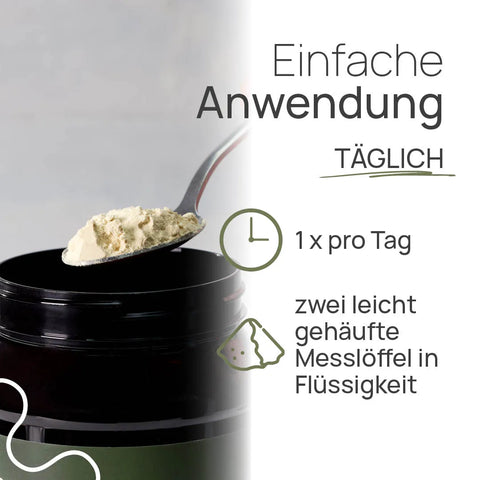 Pro Protein Vegan is easy to use: Take two slightly heaping measuring spoons once a day in liquid; scoop the powder directly from the open container