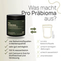 Was macht Pro Präbioma aus? Vier Ballaststoffquellen in Markenqualität, sehr gut verträglich, 100 % wasserlöslich, mit Calcium und Zink für Stoffwechsel und Verdauung – herkömmliches Produkt: nur eine Ballaststoffquelle, schlecht verträglich (Blähungen), schlecht wasserlöslich, ohne Mineralien