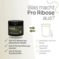What sets Pro Ribose apart? 100% D-ribose from a plant-based source, obtained through fermentation, pure and free of additives—conventional product: contains the L-form of ribose, synthetically produced, with artificial additives