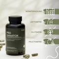 Pro Sanatox bottle containing several green capsules; features: monthly supply, lactose-free, gluten-free, fructose-free
