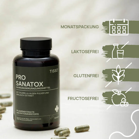 Pro Sanatox bottle containing several green capsules; features: monthly supply, lactose-free, gluten-free, fructose-free