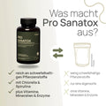 What sets Pro Sanatox apart? Rich in sulfur-containing plant compounds, with chlorella and spirulina, plus vitamins, minerals, and enzymes—conventional product: low in sulfur-containing plant compounds, only one type of algae, without vitamins, minerals, and enzymes