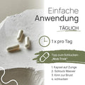 Einfache Anwendung von Pro Somnia Relax: 1 × pro Tag. Tipp zum Schlucken, der „Nick-Trick“: 1. Kapsel auf die Zunge, 2. Schluck Wasser, 3. Kinn zur Brust, 4. schlucken