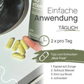 Einfache Anwendung von Pro Vitamin C: 2 × pro Tag; gelbe Kapseln werden aus der Dose geschüttet. Tipp zum Schlucken, der „Nick-Trick“: 1. Kapsel auf die Zunge, 2. Schluck Wasser, 3. Kinn zur Brust, 4. schlucken
