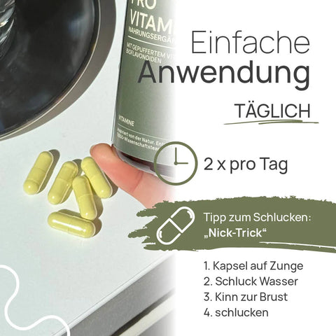 Einfache Anwendung von Pro Vitamin C: 2 × pro Tag; gelbe Kapseln werden aus der Dose geschüttet. Tipp zum Schlucken, der „Nick-Trick“: 1. Kapsel auf die Zunge, 2. Schluck Wasser, 3. Kinn zur Brust, 4. schlucken