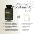 Was macht Pro Vitamin C aus? Gepuffertes Vitamin C – besonders verträglich, 500 mg pro Tagesdosis – hochdosiert, top kombiniert mit Quercetin, Rutin und Hesperidin – herkömmliches Produkt: herkömmliche Ascorbinsäure – oft reizend, niedrig dosiertes Vitamin C, ohne wertvolle Bioflavonoide