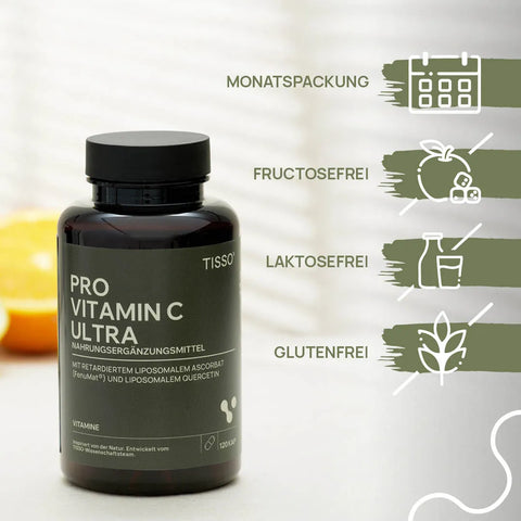 Pro Vitamin C Ultra bottle in front of half an orange; features: monthly supply, fructose-free, lactose-free, gluten-free