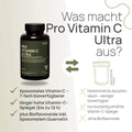 Was macht Pro Vitamin C Ultra aus? Liposomales Vitamin C – 7-fach bioverfügbarer, länger hohe Vitamin-C-Spiegel (bis zu 12 Stunden), plus Bioflavonoide inklusive liposomalem Quercetin – herkömmliches Produkt: herkömmliche Ascorbinsäure – weniger bioverfügbar, nur kurzzeitig erhöhte Vitamin-C-Spiegel, ohne Bioflavonoide
