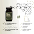 What sets Pro Vitamin D3 10.000 apart? 10,000 IU of vitamin D3—high-dose, from a natural source, plus the cofactors vitamin A and K2—conventional product: lower-dose vitamin D3 supplement, synthetically produced, without the cofactors vitamin A and K2