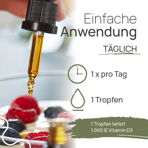 Easy to use: Pro Vitamin D3 Öl 1.000—take 1 drop once a day; 1 drop provides 1,000 IU of vitamin D3. Pipette with a drop of oil over berries