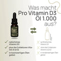 What makes “Pro Vitamin D3 Öl 1.000” special? Natural vitamin D3, plus the cofactors vitamin A and K2, dissolved in high-quality oils—conventional product: synthetic vitamin D3, without the cofactors vitamin A and K2, dissolved in low-quality oils