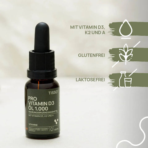 Pro Vitamin D3 Öl 1.000 dropper bottle; Features: contains vitamins D3, K2, and A; gluten-free; lactose-free