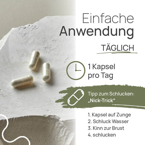 Einfache Anwendung von Pro Zink mit Kupfer: 1 Kapsel pro Tag. Tipp zum Schlucken, der „Nick-Trick“: 1. Kapsel auf die Zunge, 2. Schluck Wasser, 3. Kinn zur Brust, 4. schlucken