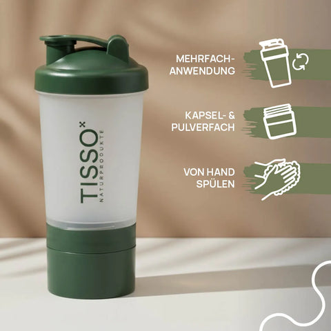 TISSO Shaker; Features: Reusable, compartment for capsules and powder, hand-washable