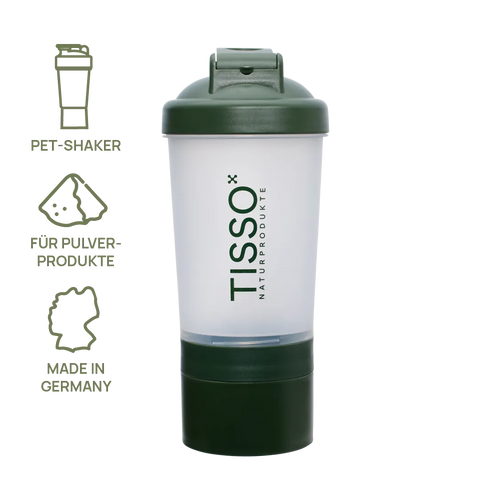 TISSO Shaker with a transparent cup, dark green lid, and base