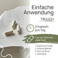 Einfache Anwendung von Pro Darm InMotion: 2 Kapseln pro Tag. Tipp zum Schlucken, der „Nick-Trick“: 1. Kapsel auf die Zunge, 2. Schluck Wasser, 3. Kinn zur Brust, 4. schlucken