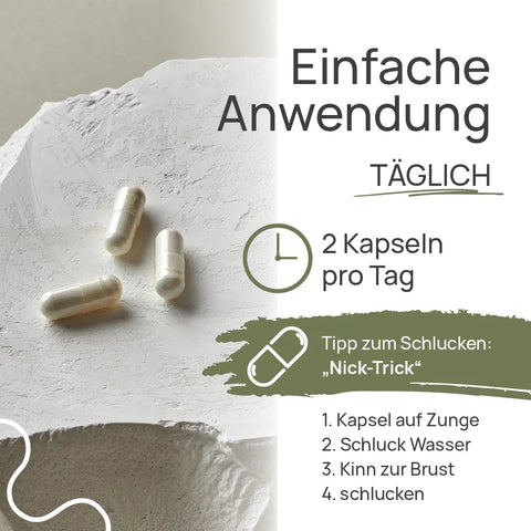 Einfache Anwendung von Pro Darm InMotion: 2 Kapseln pro Tag. Tipp zum Schlucken, der „Nick-Trick“: 1. Kapsel auf die Zunge, 2. Schluck Wasser, 3. Kinn zur Brust, 4. schlucken