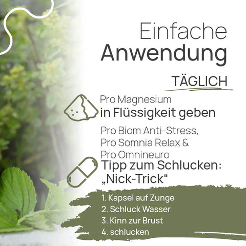 Einfache Anwendung, täglich: Pro Magnesium in Flüssigkeit geben. Pro Biom Anti-Stress, Pro Somnia Relax und Pro Omnineuro – Tipp zum Schlucken, der „Nick-Trick“: 1. Kapsel auf die Zunge, 2. Schluck Wasser, 3. Kinn zur Brust, 4. schlucken