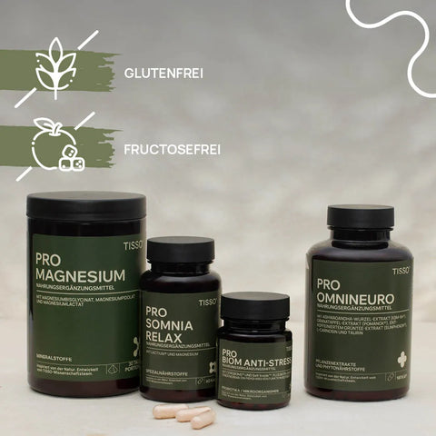 Pro Magnesium, Pro Biom Anti-Stress, Pro Somnia Relax, and Pro Omnineuro, each containing several capsules; features: gluten-free, fructose-free