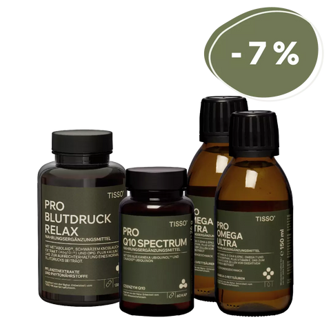Cardiovascular Package—packaging for Pro Blutdruck Relax, Pro Q10 Spectrum, and two bottles of Pro Omega Ultra