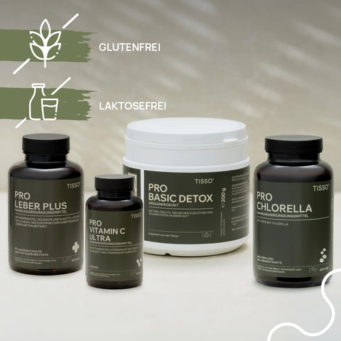 Pro Leber Plus, Pro Vitamin C Ultra, Pro Basic Detox, and Pro Chlorella; Features: gluten-free, lactose-free