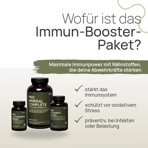 Wofür ist das Immun-Booster-Paket? Maximale Immunpower mit Nährstoffen, die deine Abwehrkräfte stärken: stärkt das Immunsystem, schützt vor oxidativem Stress, präventiv, bei Infekten oder Belastung