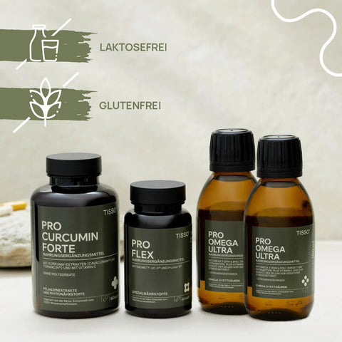 Pro Curcumin Forte, Pro Flex, and two bottles of Pro Omega Ultra; features: lactose-free, gluten-free