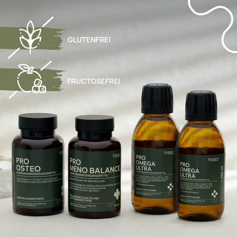 Pro Osteo, Pro Meno Balance, and two bottles of Pro Omega Ultra; features: gluten-free, fructose-free