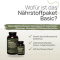 Wofür ist das Nährstoffpaket Basic? Deine tägliche Rundum-Versorgung mit essentiellen Vitaminen, Mineralien und Pflanzennährstoffen: fördert den Stoffwechsel und Zellschutz, unterstützt Muskeln, Immun- und Nervensystem, hilft bei Stress und Sport