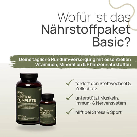 Wofür ist das Nährstoffpaket Basic? Deine tägliche Rundum-Versorgung mit essentiellen Vitaminen, Mineralien und Pflanzennährstoffen: fördert den Stoffwechsel und Zellschutz, unterstützt Muskeln, Immun- und Nervensystem, hilft bei Stress und Sport
