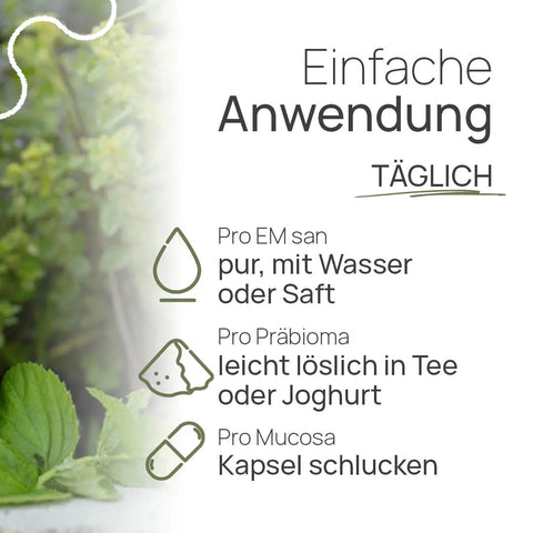 Easy to use, daily: Pro EM san: take it straight, with water, or with juice; Pro Präbioma: easily dissolves in tea or yogurt; Pro Mucosa: swallow as a capsule